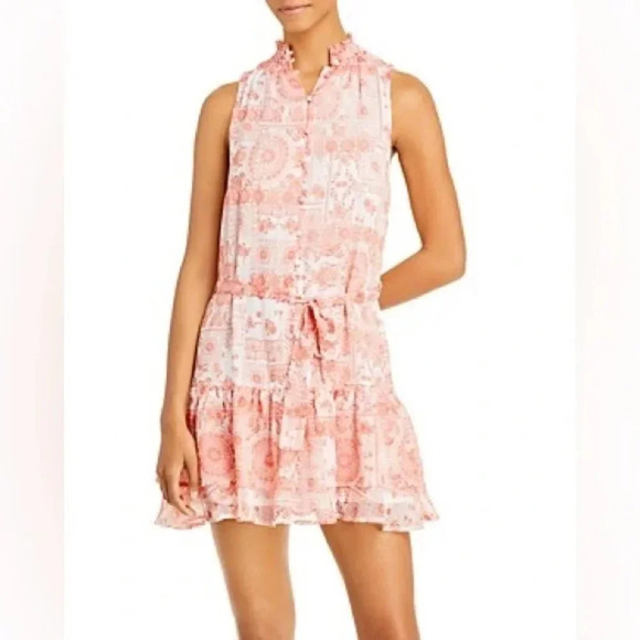 Aqua Kerianne Sleeveless High Neck Mini Dress Coral & White Floral Size M - Picture 1 of 10